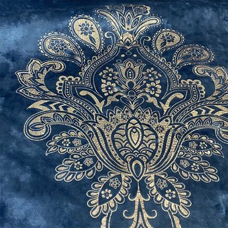 Luxury Blue and Gold Damask Velvet Curtain