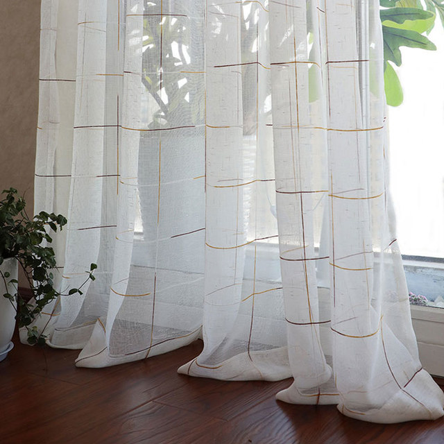 Purple and Orange Grid Checked White Sheer Curtain 1
