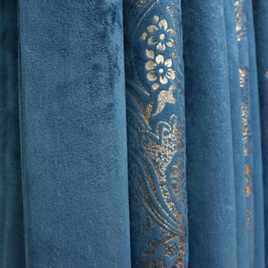 Heritage Luxury Blue and Gold Damask Velvet Curtain