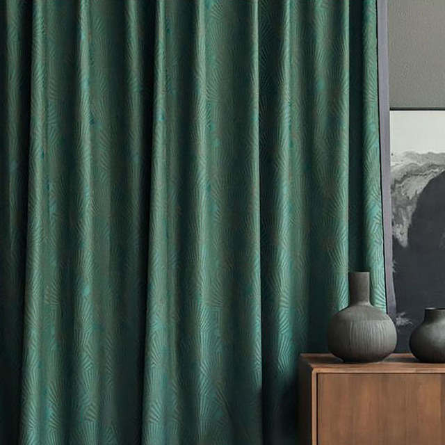 Oriental Fans Luxury Art Deco Jacquard Patterned Green Curtain 1
