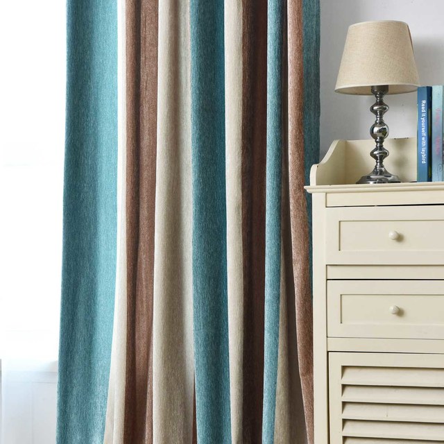 Sunshine Chenille Double Sided Bold Brown Teal Blue Striped Curtain 1