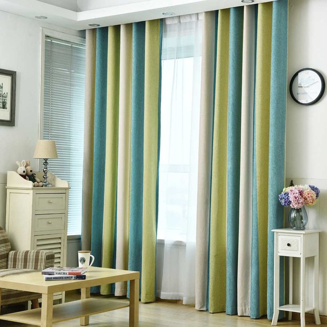 Sunshine Chenille Double Sided Green Blue Bold Striped Curtain 1