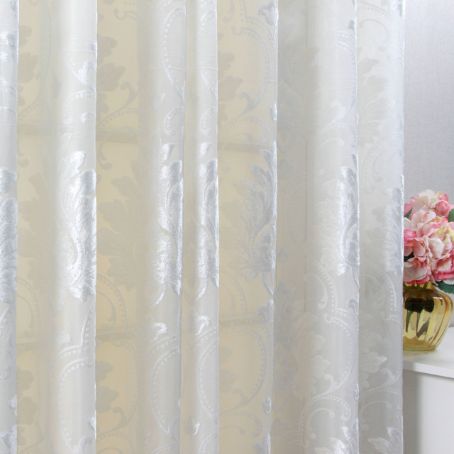 Elegance Damask Cut Velvet Ivory White Shimmering Voile Curtain 1