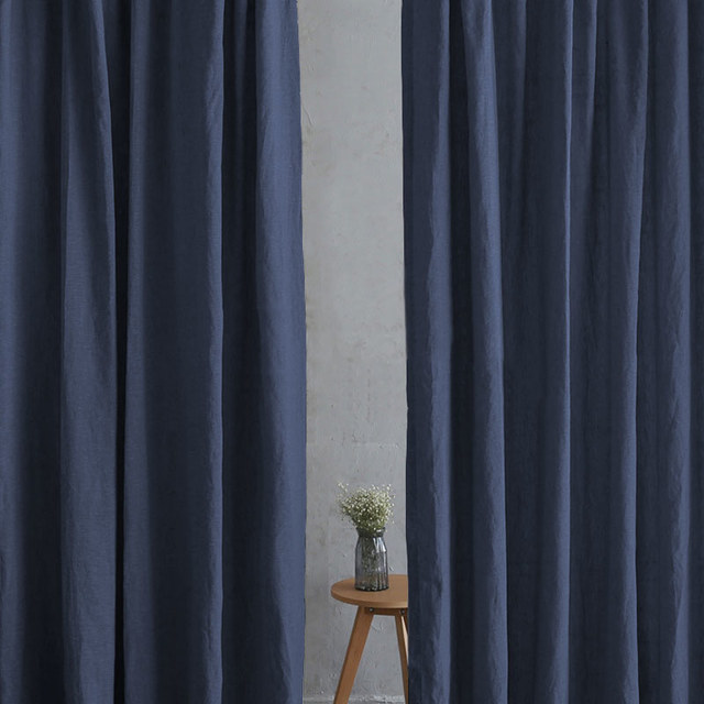 Shabby Chic Navy Blue 100% Flax Linen Curtain 1