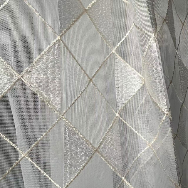 Enchanted Check Embroidered Geometric Ivory White and Gold Voile Curtain 1