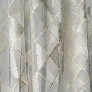 Enchanted Check Embroidered Geometric Ivory White and Gold Voile Curtain 2