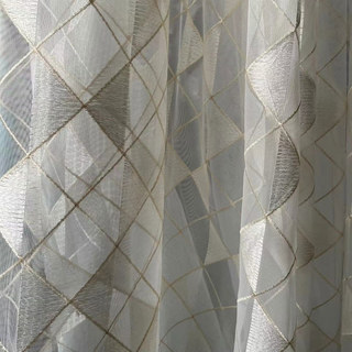 Enchanted Check Embroidered Geometric Ivory White and Gold Voile Curtain 3
