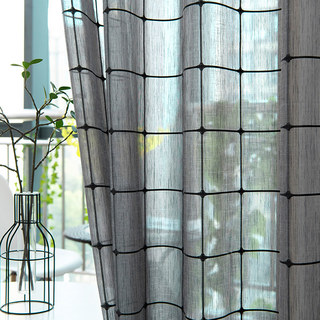 Pane Paradise Checked Grid Charcoal Grey Voile Curtains