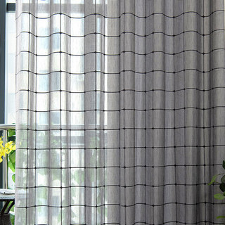 Pane Paradise Checked Grid Charcoal Grey Voile Curtains 2