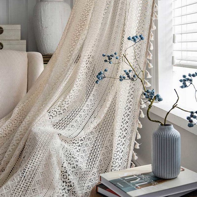 Wanderlust Weaves Crochet Geometric Net Cream Boho Curtains 1