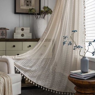 Wanderlust Weaves Crochet Geometric Net Cream Boho Curtains 2