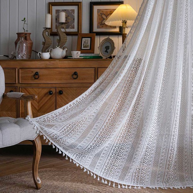 Wanderlust Weaves Crochet Geometric Net Ivory White Boho Curtains 1