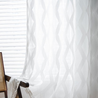 Diamond Lattice Fringe Trim Geometric White Voile Curtain