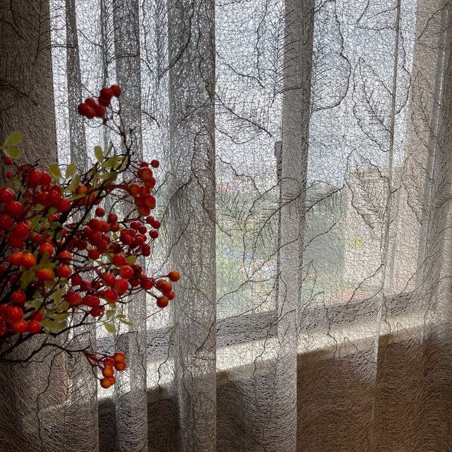 Gold Leaves Embroidered Grey Mesh Net Curtain 1
