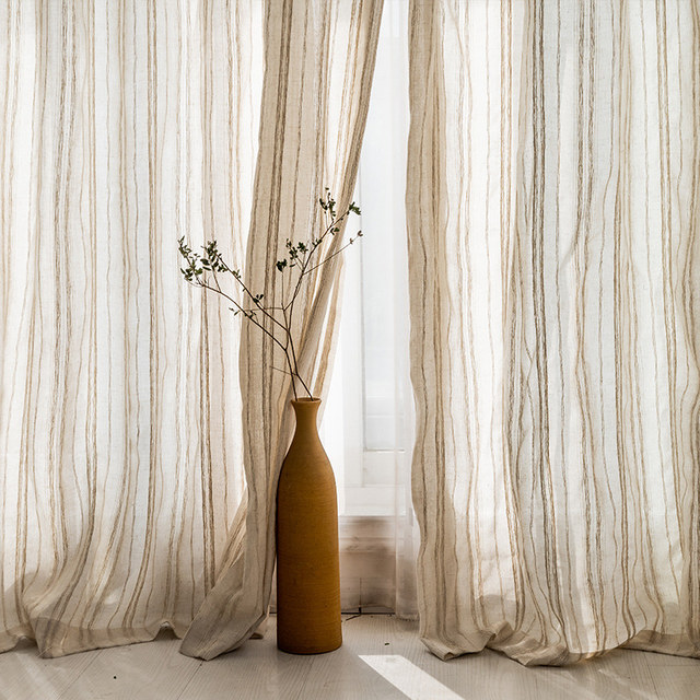 Bliss Striped Oatmeal Linen Style Voile Curtain 1