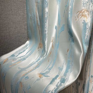 Misty Rain Jacquard Faux Silk Cream & Pastel Blue Floral Curtain With Gold Details 2