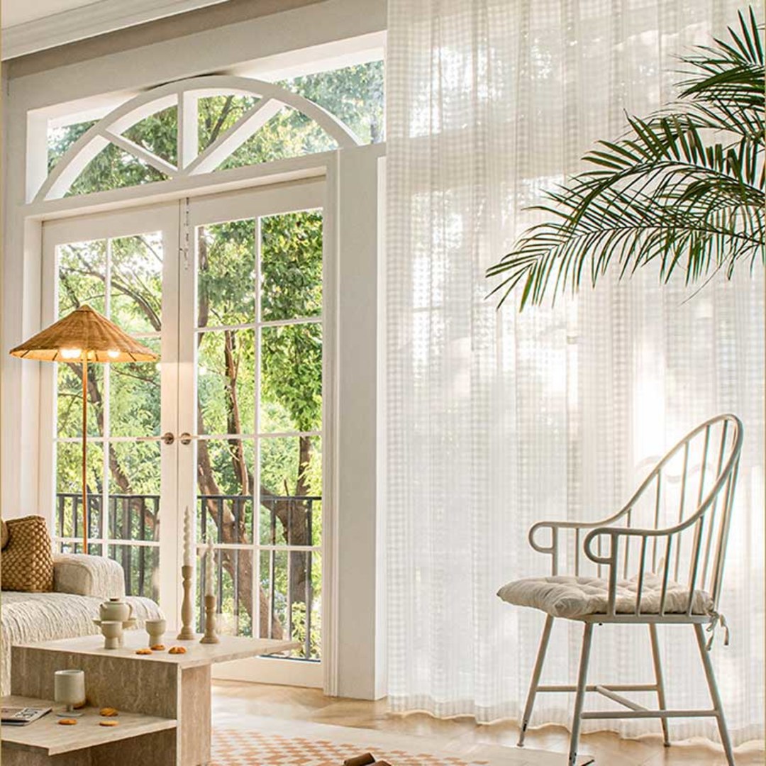 Ivory White Grid Check Linen Style Voile Curtain