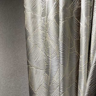 Banana Leaves Luxury 3D Jacquard Silver Grey Curtain with Gold Details 1