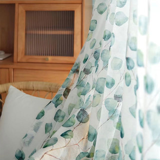 Misty Eucalyptus Green Leaf Watercolour Floral Voile Curtains 3