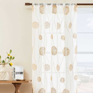 Dancing Pom Pom Embroidered Cream Gold Voile Curtain 2