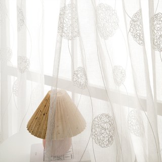 Dancing Pom Pom Embroidered Ivory White Voile Curtain