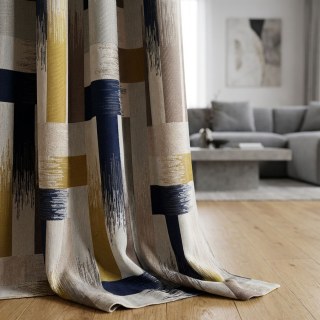 Abstract Strokes Luxury Geometric Black Navy and Yellow Curtain 2