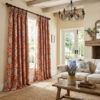 Blossom Tapestry Terracotta Orange Satin Floral Curtains