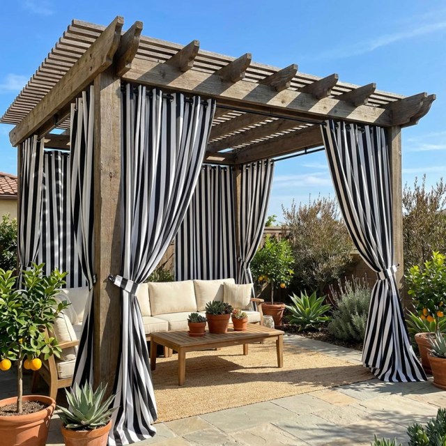 Cabana Classic Black and White Striped Outdoor Curtain 1