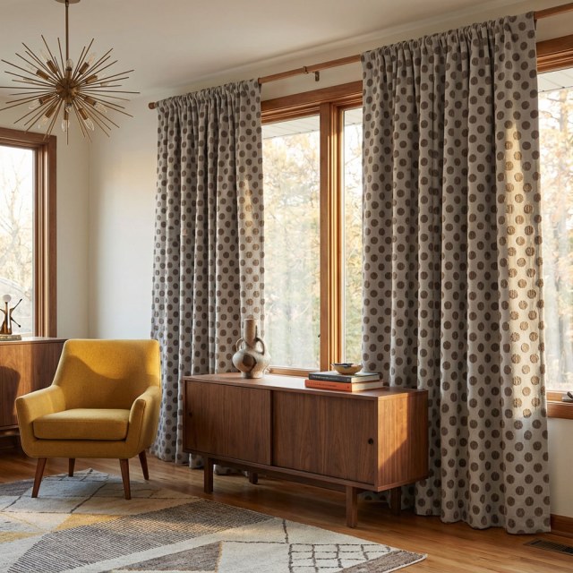 Dottie Delight Mid Century Modern Taupe Green Polka Dot Chenille Curtain 1