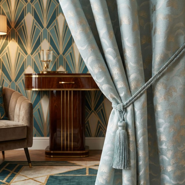 Fluttering Fanburst Art Deco Geometric Pastel Sage Duck Egg Green Curtains 1