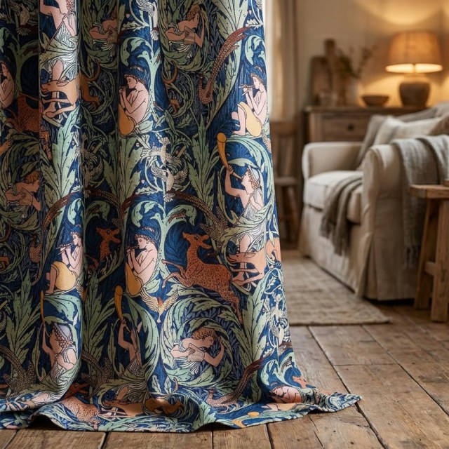 Forest Orchestra Navy Blue Linen Style Floral Curtains 1