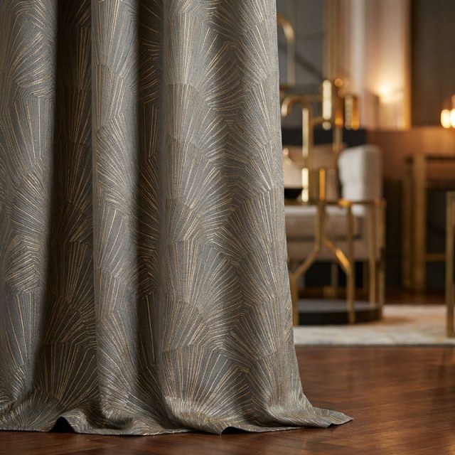 Ginkgo Leaves Luxury Art Deco Geometric Champagne Grey Gold Curtain 1