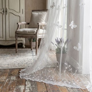 Graceful Butterfly Glass Pearl Beaded White Embroidered Voile Curtain