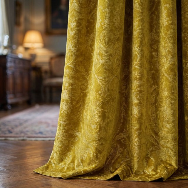 Heritage Luxury Mustard Yellow Gold Gilded Damask Velvet Curtain 1