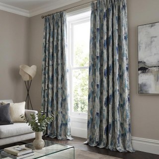 Impressionist Strokes Luxury Jacquard Teal Blue Curtain with Silver Details 4