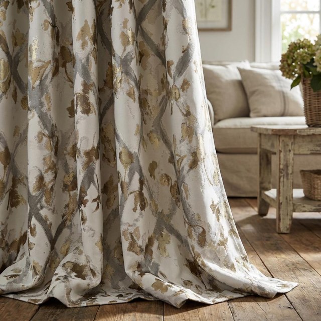 Lattice Bloom Jacquard Cream Gold Floral Curtains 1
