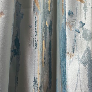 Misty Rain Jacquard Faux Silk Cream & Pastel Blue Floral Curtain With Gold Details 6