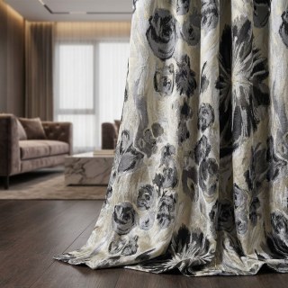 Noir Petals Black and Cream Abstract Floral Curtains with Silver Details
