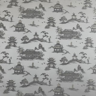 Pagoda & Junk Boat Chinoiserie Cream Satin Floral Curtain 8