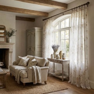 Painted Veil Abstract Watercolour Ivory White and Gold Floral Voile Curtains 2