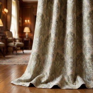 Regal Elegance Jacquard Cream and Olive Green Damask Curtain