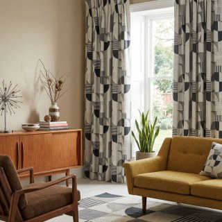 Retro Rhythm Mid Century Modern Black White and Gey Geometric Curtain