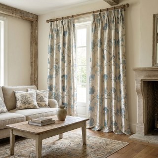 Secret Garden Silky Cream & Pastel Teal Floral Curtain with Gold Details 3