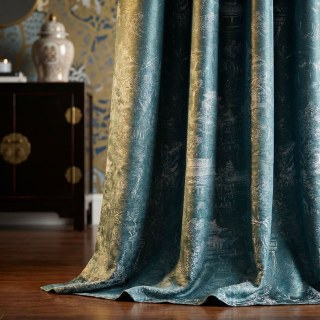 Temple Tranquility Jacquard Chinoiserie Blue Floral Curtain