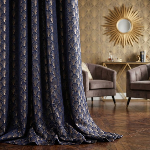 The Roaring Twenties Luxury Art Deco Shell Pattern Navy Blue & Gold Geometric Curtain 1