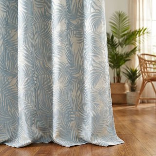 Tropical Bliss 3D Jacquard Blue and Cream Palm Leaves Curtain