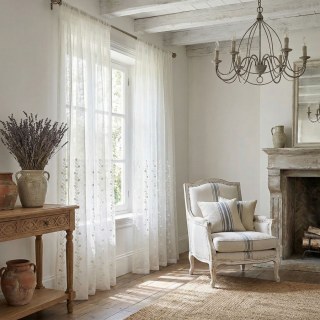 Floral Fantasy Embroidered Scallop Edged Ivory White Voile Curtain 4