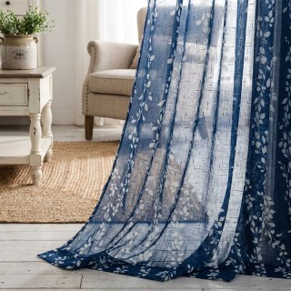 Pascal Navy Blue Vine Print Semi Sheer Voile Curtain
