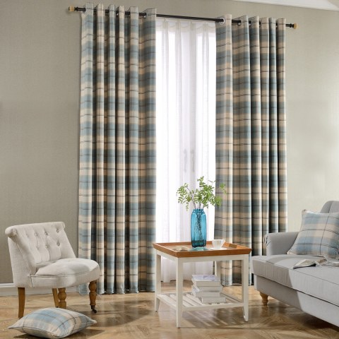 Cosy Plaid Check Light Blue Chenille, Light Blue And Cream Curtains