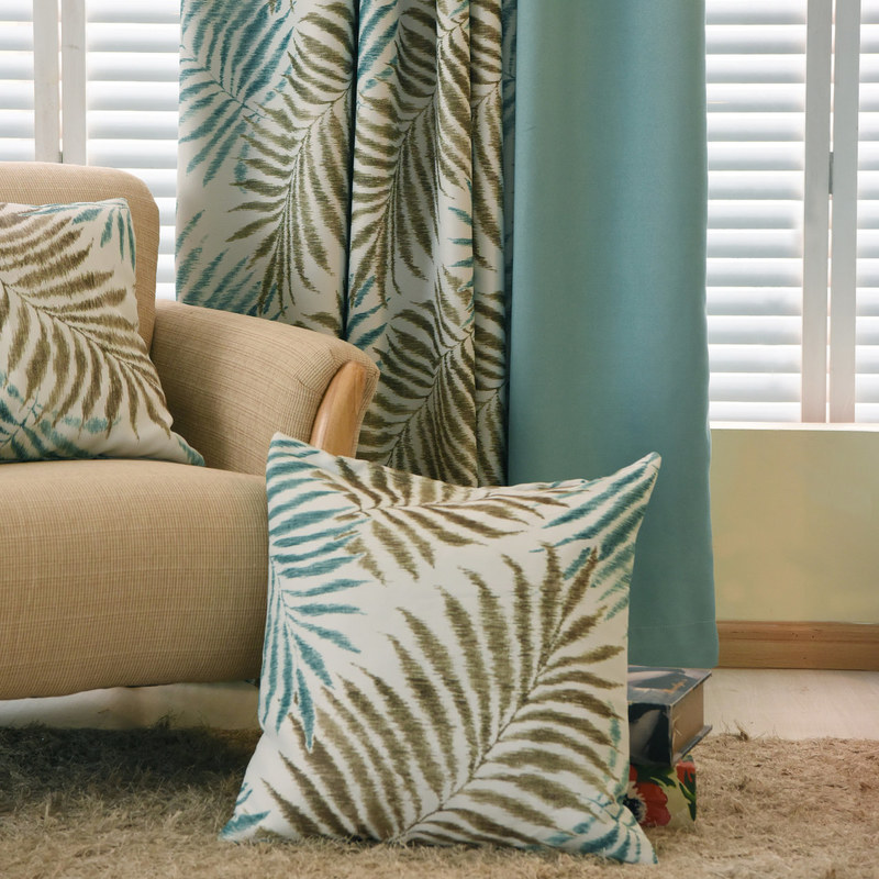 Palm Tree Leaves Blue Curtain With Blue Border Voila Voile